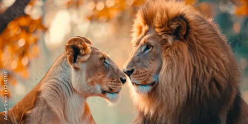 lion and a lioness in love admire each other in a paradise safari, Generative AI © Лилия Захарчук