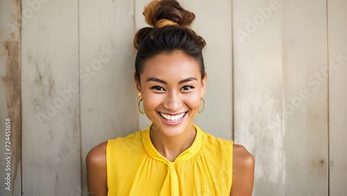 An Asian woman stands confidently before an audience her hair pulled back in a messy bun and a proud smile on her face. Her bright yellow dress set against a stonegray wall and floor photo