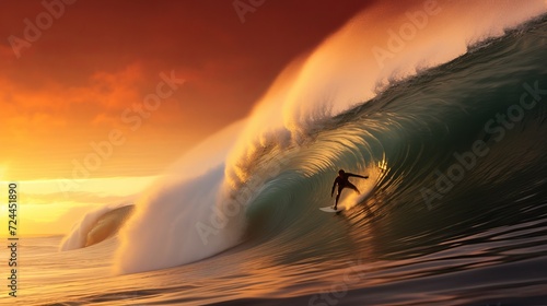 Surfing at dusk: a thrilling adventure on a huge wave