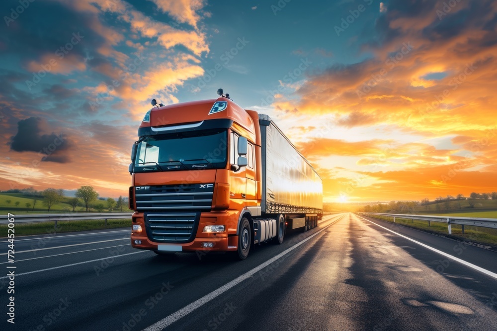 Front view of a Semi Truck On a Rural Highway at sunset. Transport concept