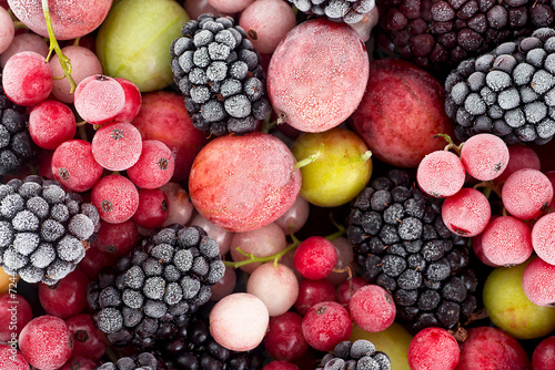 Close up of frozen mixed berries - red currant  white currant  blackberry  gooseberry and black currant.