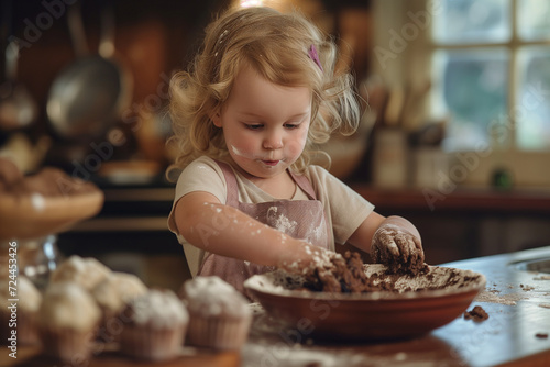 A young girl with a beaming smile is making chocolate cookies, her hands dusted with flour, in a warm, homey kitchen atmosphere.
