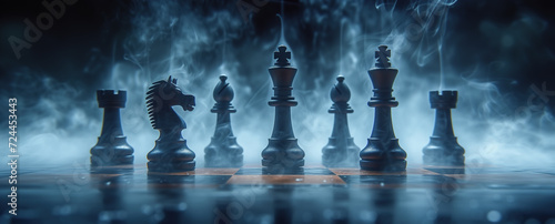 Set of chess pieces element stating on chessboard, queen rook. Cinematic lighting. Leadership, teamwork, partnership, business strategy, and decision concept. Generative Ai.