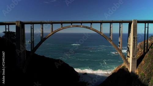 Drone shot of Bixby Creek Bridge on Scenic Coastline at Big Sur State park off Pacific Coast Highway in California 2