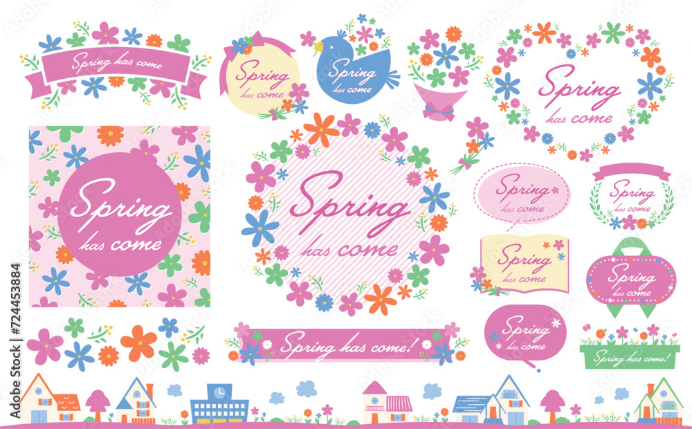 花束イメージや花柄背景として使いやすい、おしゃれな手書きのかわいいお花のカラフル春フレームとイラストのセット