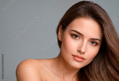 Portrait of beautiful young woman with clean fresh skin, on grey background