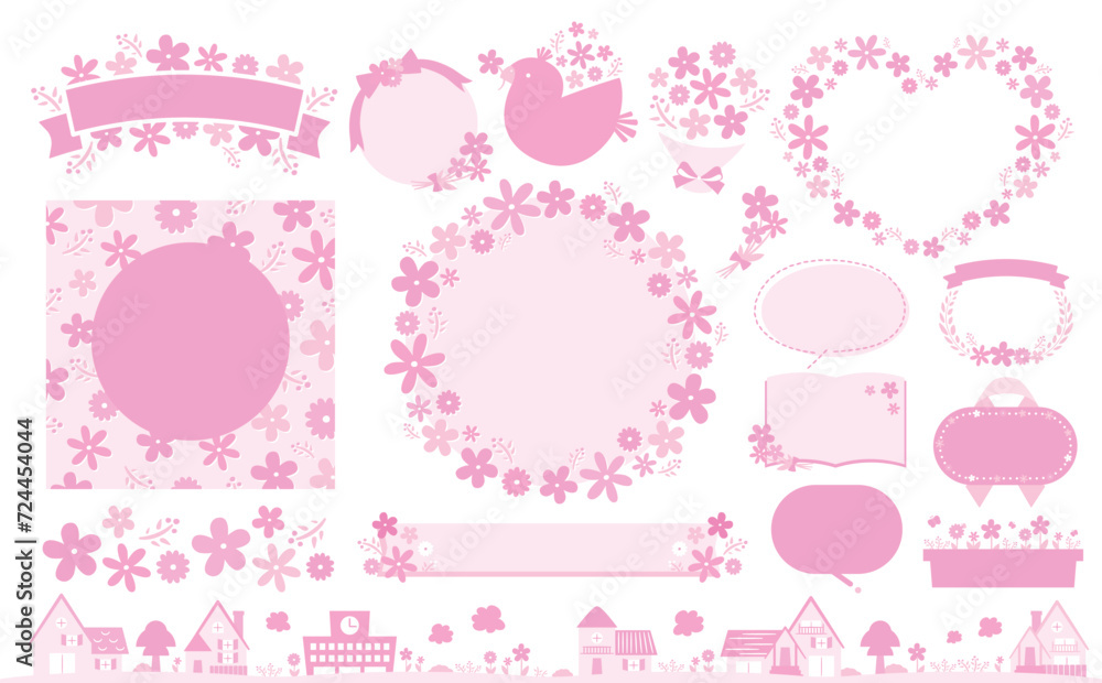 花束イメージや花柄背景として使いやすい、おしゃれな手書きのかわいいお花のピンク春フレームとイラストのセット