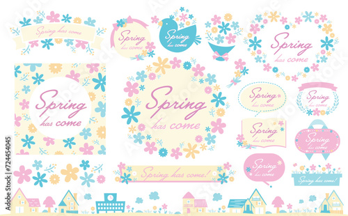 花束イメージや花柄背景として使いやすい、おしゃれな手書きのかわいいお花の春フレームとイラストのセット