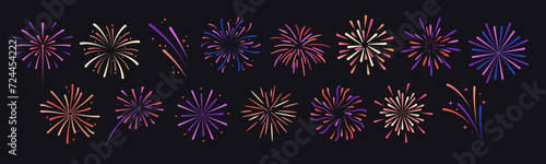 Fireworks on black background. Set of fireworks illustration. 