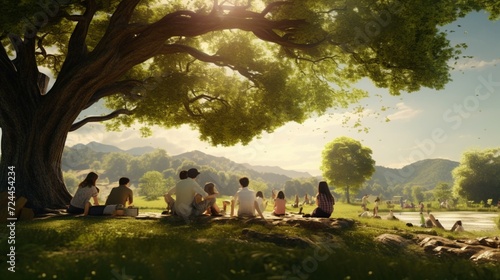 An idyllic countryside scene with a family enjoying a picnic under a large, shady tree on a sunny day