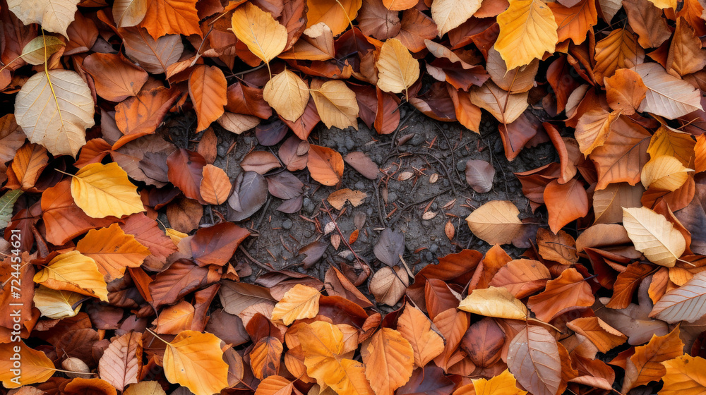 Autumn leaves framing a bare patch of soil, with space for text in the centre.