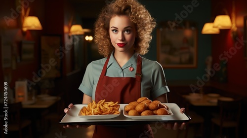 A smiling waitress in a dark apron holding a tray of delicious dishes in a cozy restaurant