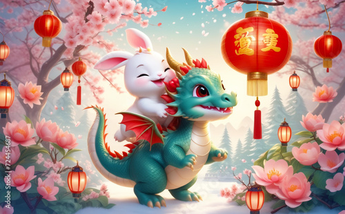 Cute baby green dragon plays with white rabbit, Spring blooming trees and flowers, Chinese lanterns