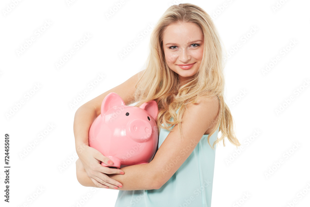 Woman, piggy bank and finance or smile in studio with cash investment, financial growth or wealth. Person, money box and budget or banking for increase or income on white background with happiness Woman, piggy bank and finance or smile in studio with cash investment, financial growth or wealth. Person, money box and budget or banking for increase or income on white background with happiness