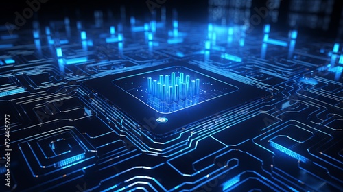 Abstract structure of circuit board with glowing neon blue lines and dots, computer technology and business concept background photo