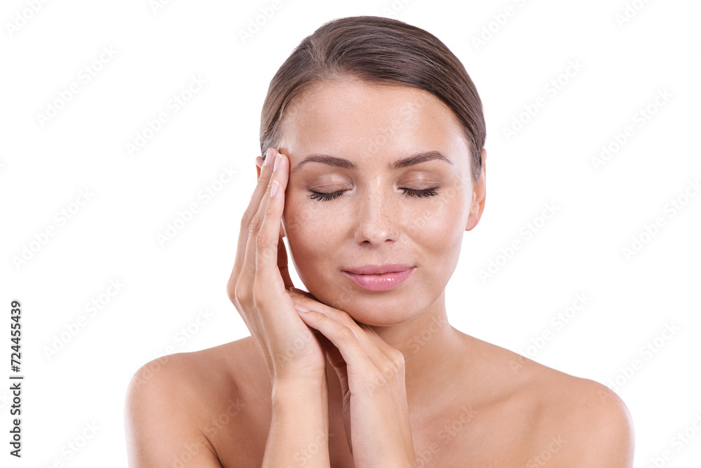 Woman, hands and eyes closed with wellness, skincare and cosmetics with hair, confident and face. Skin, female person and glow with pose, studio and model for cosmetology, dermatology and beautiful Woman, hands and eyes closed with wellness, skincare and cosmetics with hair, confident and face. Skin, female person and glow with pose, studio and model for cosmetology, dermatology and beautiful