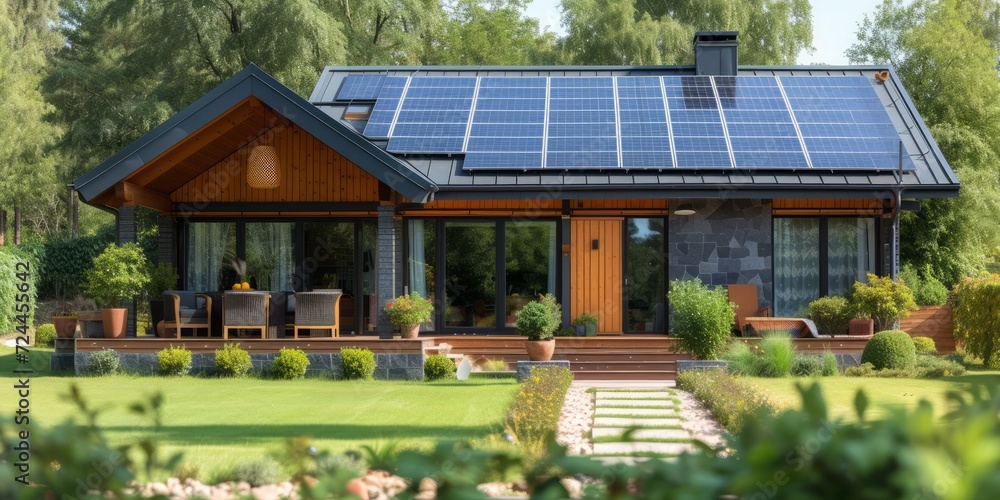 Sustainable Family Living: Enjoying a Meal Outdoors by a Modern Eco-Friendly Home with Solar Panels Amidst Nature, Generative AI