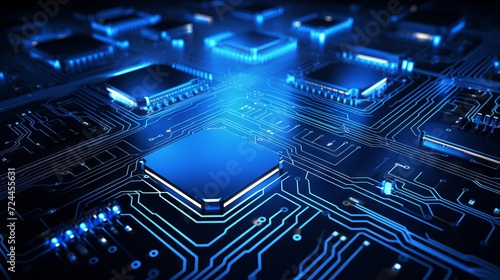 Abstract structure of circuit board with glowing neon blue lines and dots, computer technology and business concept background