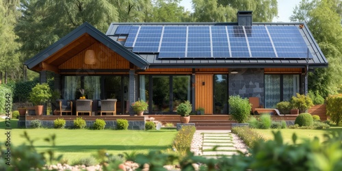 Sustainable Family Living: Enjoying a Meal Outdoors by a Modern Eco-Friendly Home with Solar Panels Amidst Nature, Generative AI