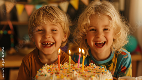 Boy and girl blowing out birthday cake candles.