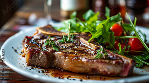 T-bone steak close-up, angle view, ultra realistic food photography