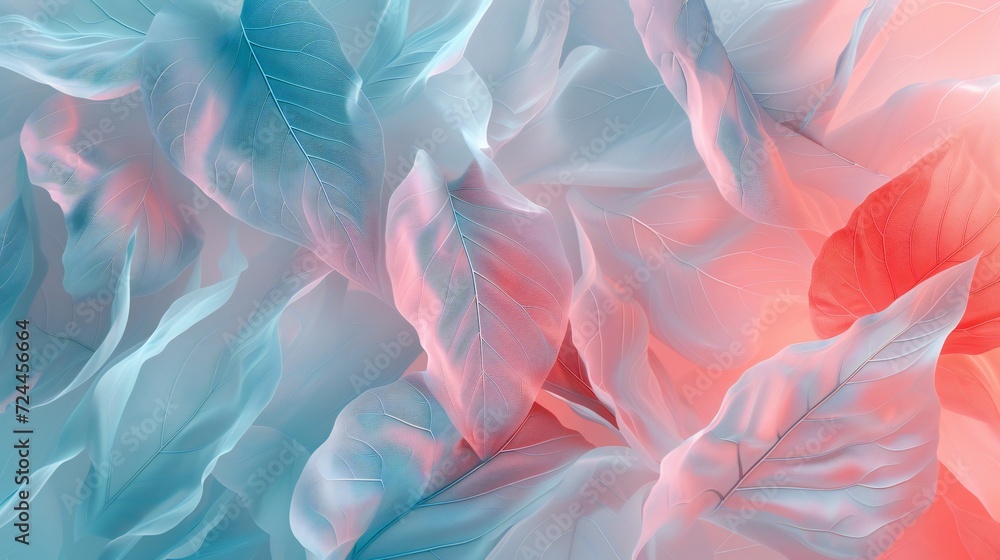 Coral Sky Harmony: Detailed view of sycamore and birch leaves blending in coral and sky blue tones. Coral Sky Harmony: Detailed view of sycamore and birch leaves blending in coral and sky blue tones.