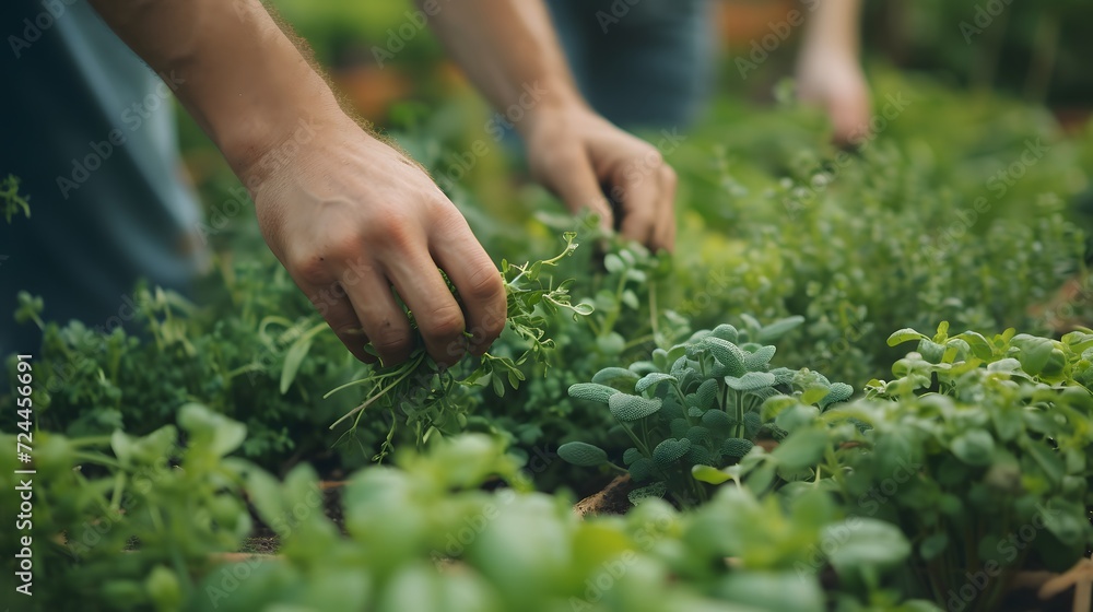 People picking herbs or veggies from a garden People picking herbs or veggies from a garden
