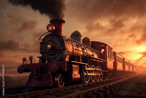 Steam punk locomotive from 19th century. Industrial heavy railway vintage machinery. Generate ai