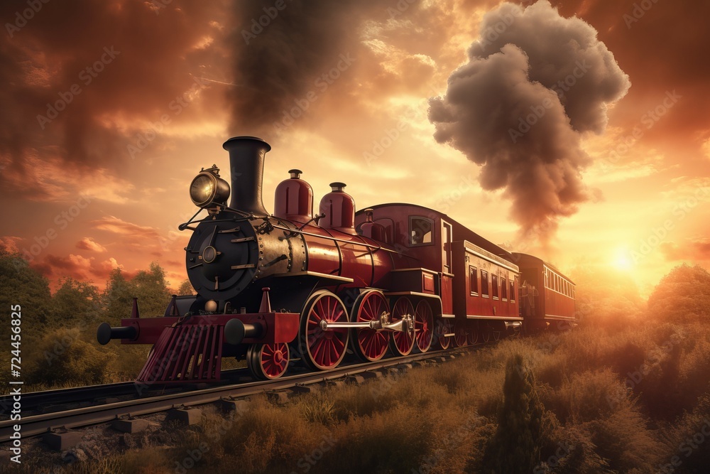 Vapor punk locomotive railway 19th period. Vintage steam system train historical heritage. Generate ai