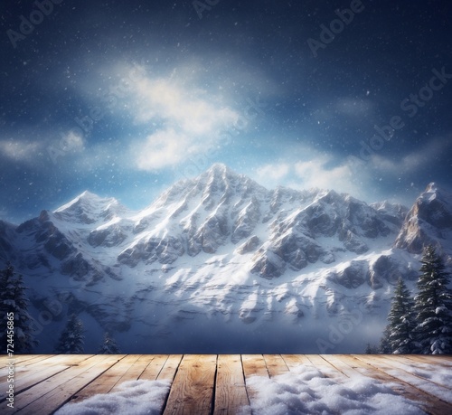Wooden floor against snow covered mountain peak in the night sky. © MdMehede