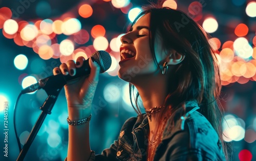 Young beautiful brunette with retro microphone against dark glitter background, close up