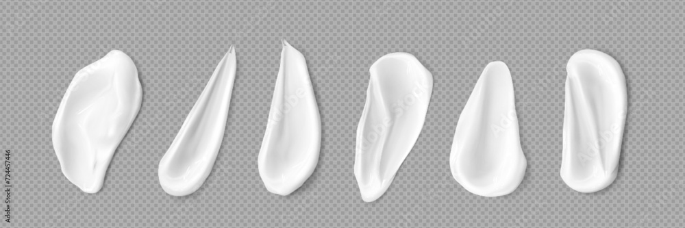 Set of scrub cream swatches isolated on transparent background. Vector realistic illustration of cosmetic skin care product, smear of creamy texture substance with scrubbing particles, body cleanser Set of scrub cream swatches isolated on transparent background. Vector realistic illustration of cosmetic skin care product, smear of creamy texture substance with scrubbing particles, body cleanser