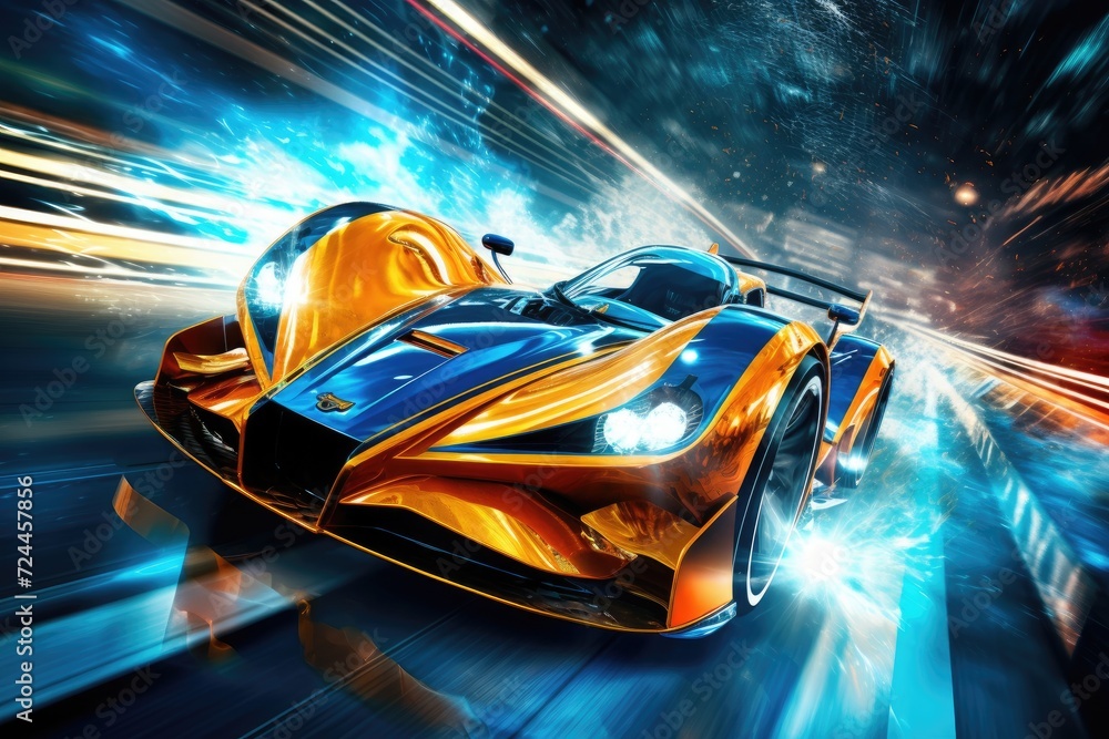 Blue Rageing Car A yellow and blue car races through a dark tunnel, leaving traces of ...