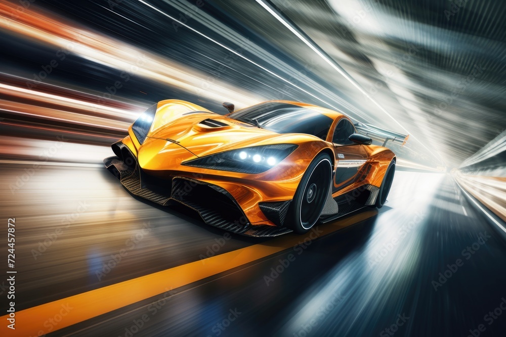 Witness the breathtaking sight of an orange sports car speeding through a tunnel with sheer power and adrenaline, Racing car at high speed, Racer on a racing car passes the track, AI Generated