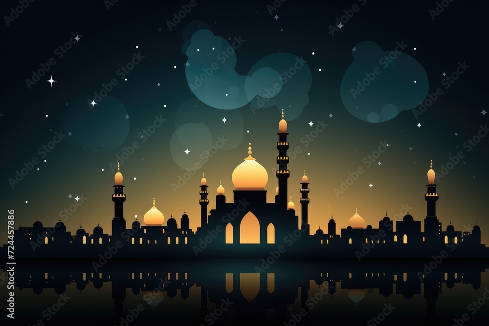 A serene night scene featuring a beautiful mosque surrounded by stars, Ramadan Kareem background featuring a mosque and crescent moon, Vector illustration, AI Generated