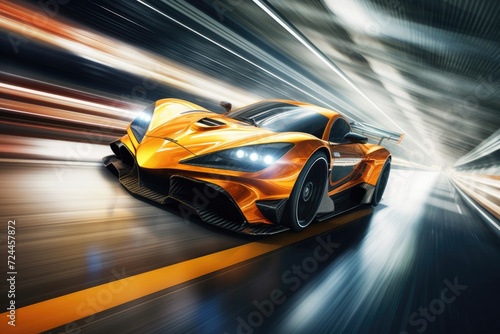 Witness the breathtaking sight of an orange sports car speeding through a tunnel with sheer power and adrenaline, Racing car at high speed, Racer on a racing car passes the track, AI Generated © Iftikhar alam