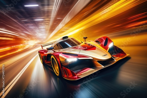An intense race car with red and white colors zooming through a tunnel at high speed in an adrenaline-filled race, Racing car at high speed, Racer on a racing car passes the track, AI Generated