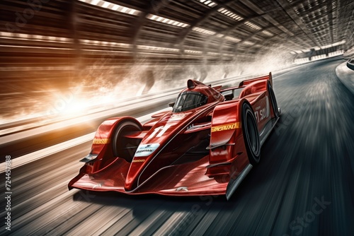 Two race cars zooming through a tunnel on a track, showcasing thrilling motorsport action, Racing car at high speed, Racer on a racing car passes the track, AI Generated