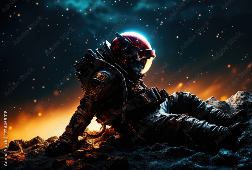 Astronaut stand on space background with stars. Spaceman in spacesuit. Cosmic concept Astronaut stand on space background with stars. Spaceman in spacesuit. Cosmic concept