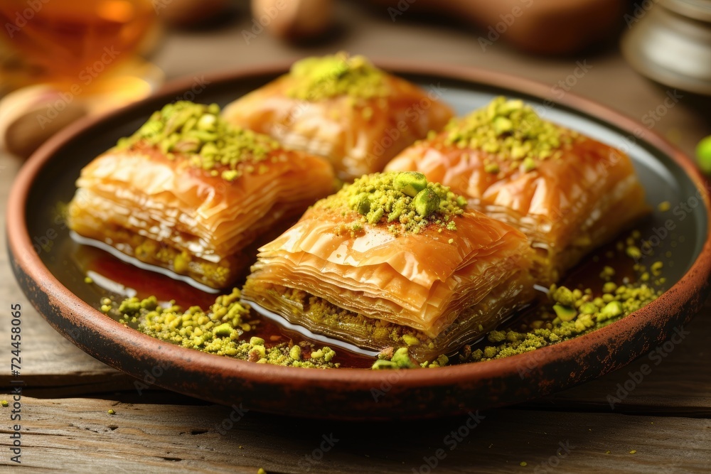 Baklava with pistachio nut on plate, layered pastry dessert made of filo pastry, and sweetened with syrup or honey Baklava with pistachio nut on plate, layered pastry dessert made of filo pastry, and sweetened with syrup or honey