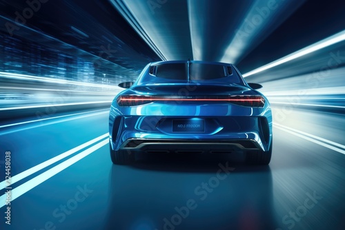 A blue car drives through a tunnel, showcasing its rear end, Rear view of blue Business car on high speed in turn, AI Generated © Iftikhar alam