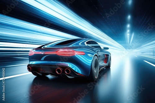 A high-speed blue sports car racing through a tunnel, showcasing its power and elegance, Rear view of blue Business car on high speed in turn, AI Generated
