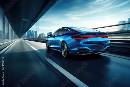 A fast blue sports car is captured in motion as it races down a busy highway, Rear view of blue Business car on high speed in turn, AI Generated