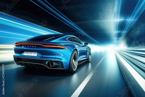 A blue sports car zooms through a tunnel, creating an exhilarating rush of speed and movement, Rear view of blue Business car on high speed in turn, AI Generated © Iftikhar alam