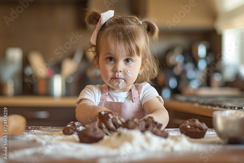 A young girl with a beaming smile is making chocolate cookies  her hands dusted with flour  in a warm  homey kitchen atmosphere.