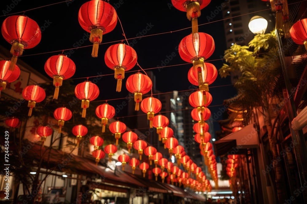 A striking image featuring a multitude of red lanterns adorning a wire, casting a warm glow in the evening, Red lanterns adorning Bangkok for Chinese New Year, AI Generated