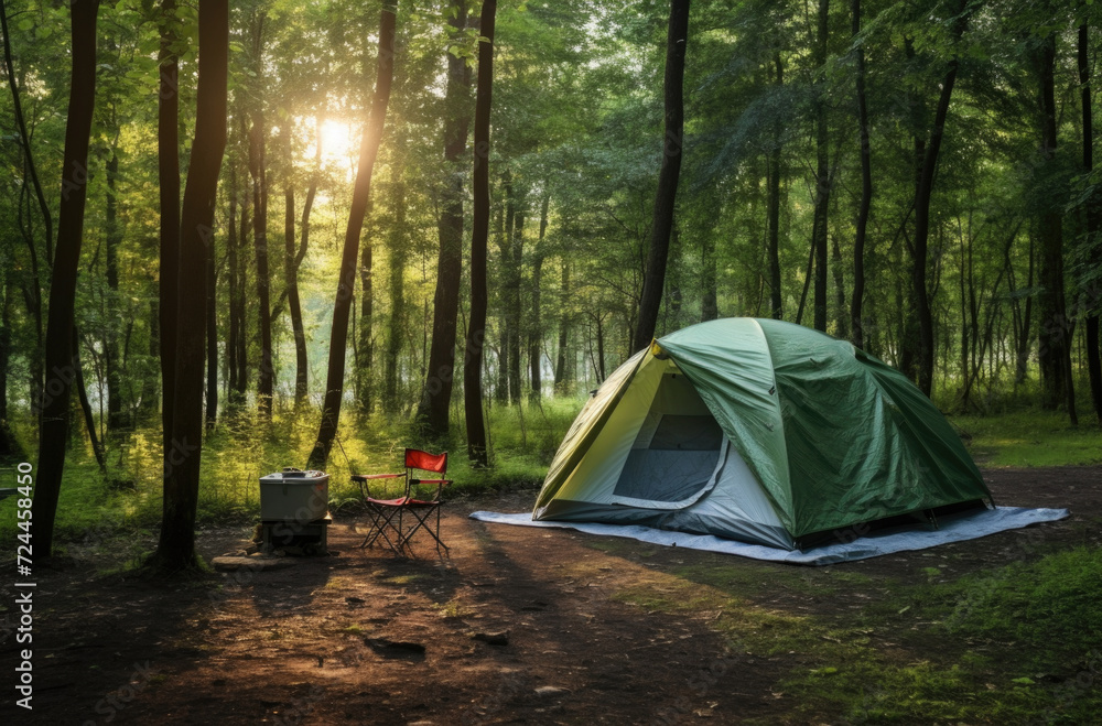 Camping and tent under the pine forest near the lake with beautiful sunlight in the morning