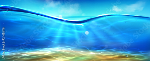 Sea bottom view under blue sky. Vector realistic illustration of underwater background, sunlight rays penetrating ocean, river, lake water, air bubbles in aqua, waterline with transparent clear waves