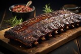 A wooden cutting board is topped with mouthwatering ribs and accompanied by a delicious bowl of salsa, ribs cooked with memphis-style dry rub on a board, AI Generated