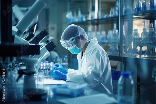 A man wearing a mask and gloves conducts scientific research in a laboratory, Researcher in a protective mask working in a laboratory of a research institute, AI Generated